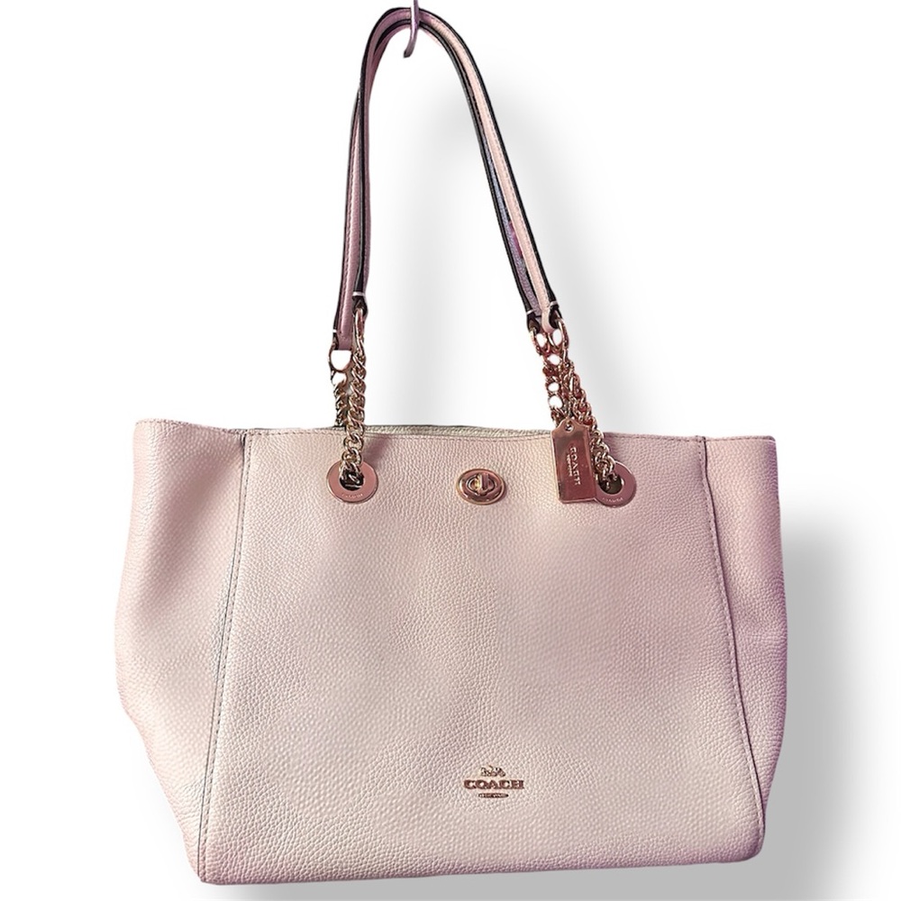 Coach Pebbled Leather Turnlock Chain Tote Shoulder Bag— Ivory/Chalk— Gold Chain